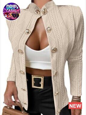Women Argyle Cable Knit Cardigan Coat Stand Collar Long Sleeve Button Front